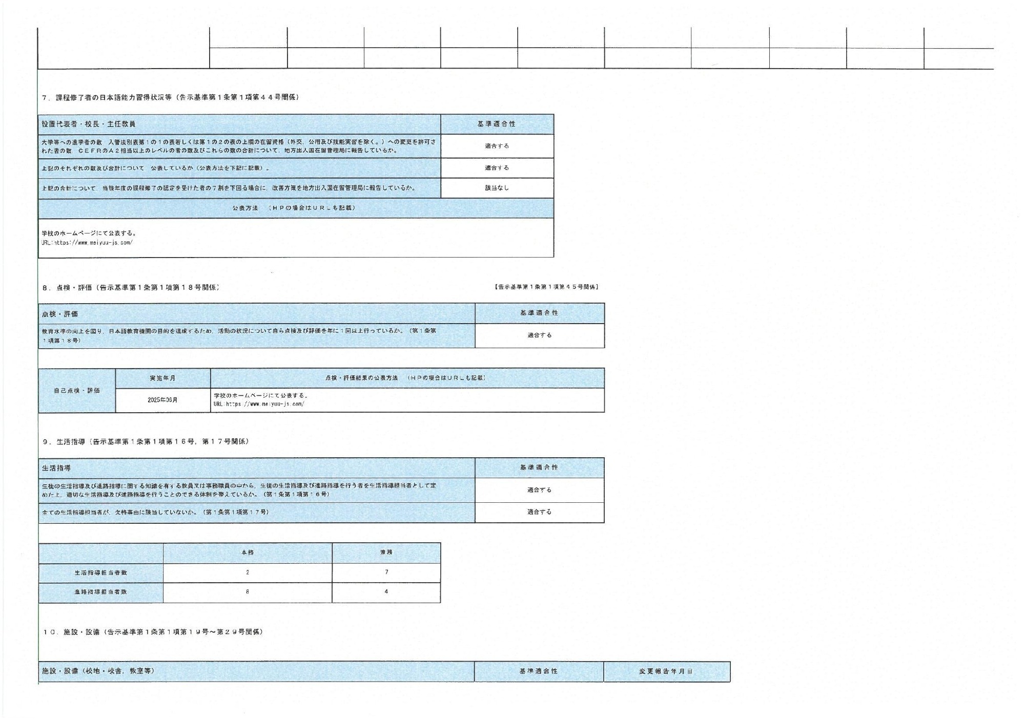2025/06/30　法務省告示をもって定める日本語教育機関における教育に関する告示基準定期点検報告（告示基準第１条第１項第４５号）